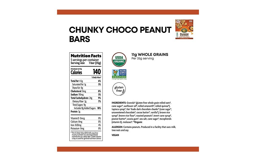 Nature's Path Organic Sunrise Chunky Choco Peanut Breakfast Bars   Box  175 grams